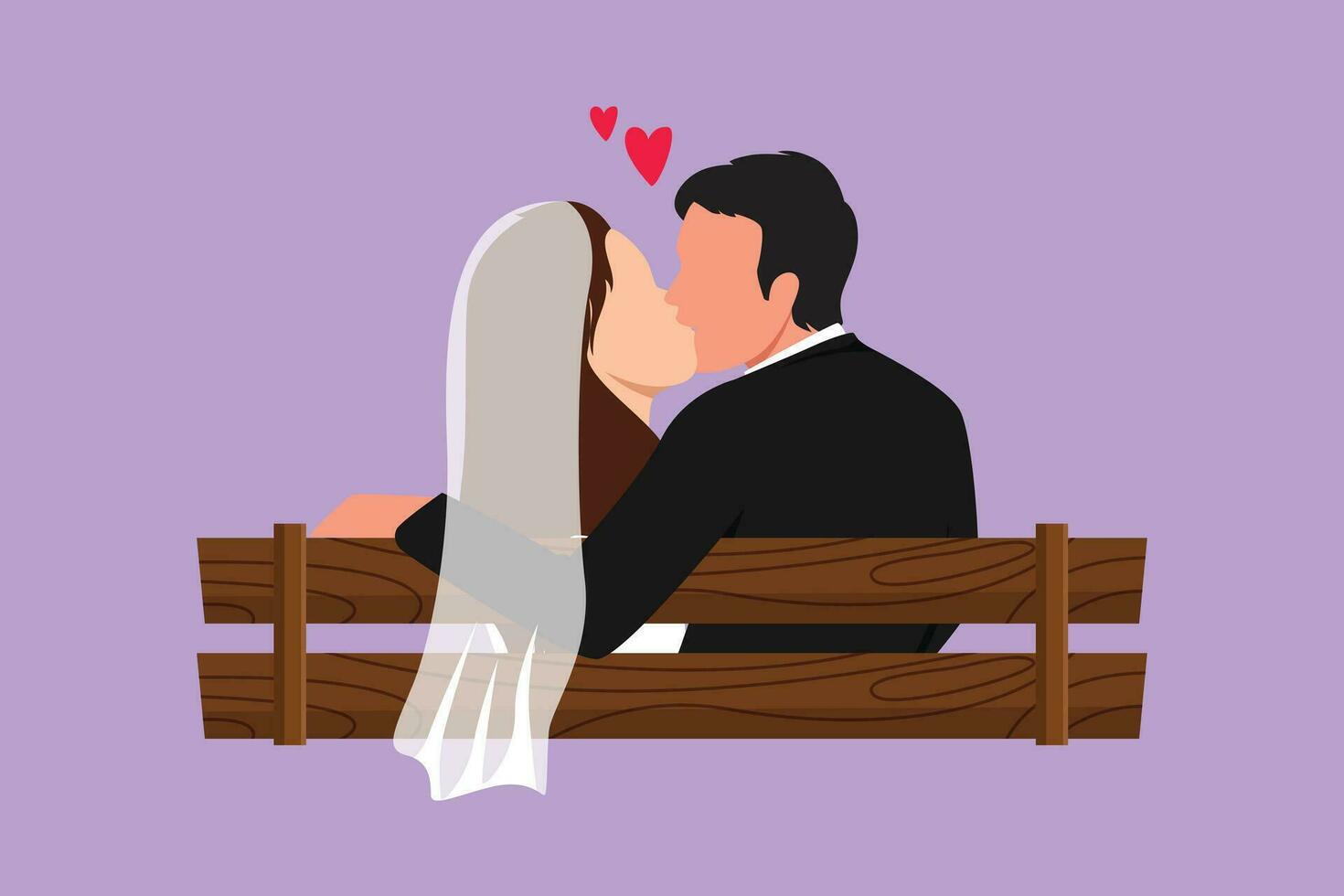 personaje plano dibujo espalda ver de casado Pareja hombre y mujer en dulce besos sentado en banco en parque. romántico chico y bonito niña en amor con Boda vestido. dibujos animados diseño vector ilustración