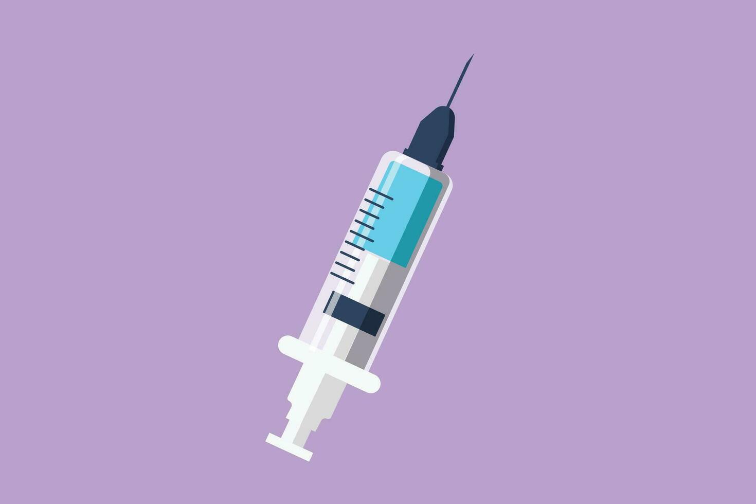 Character flat drawing of stylized medical disposable syringe with needle logo. Applicable for vaccine injection, vaccination equipment. Plastic syringe with needle. Cartoon design vector illustration