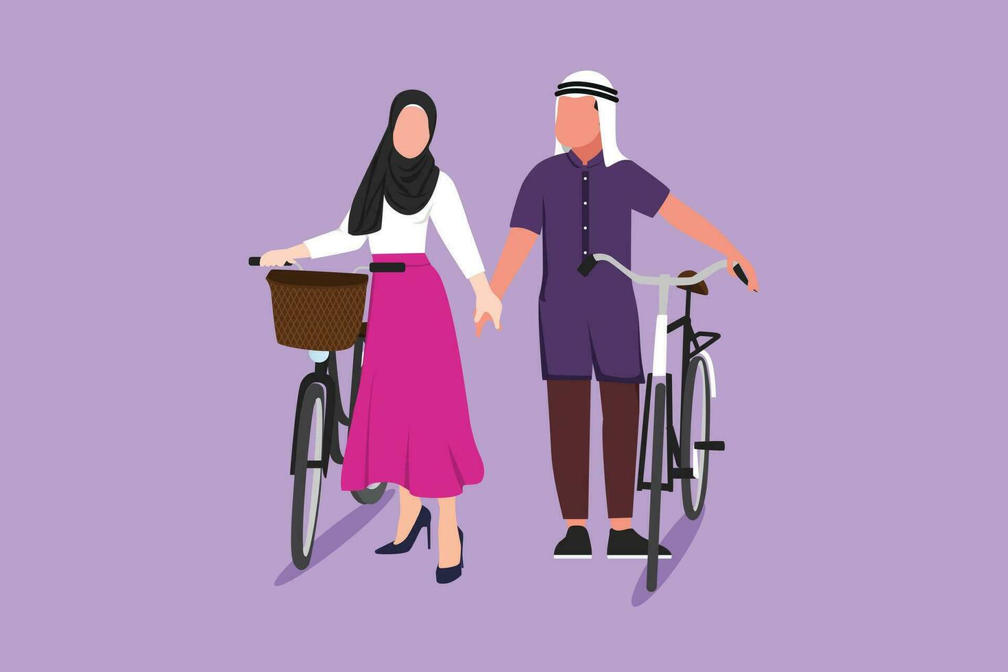 Graphic flat design drawing romantic Arabian couple cyclists walking down forest road with their bicycles on summer day. Man and woman in love. Happy married couple. Cartoon style vector illustration