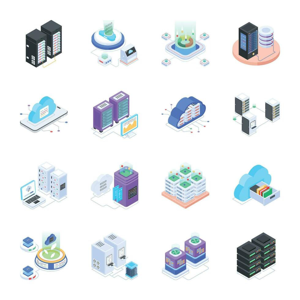 Pack of Database Isometric Icons vector