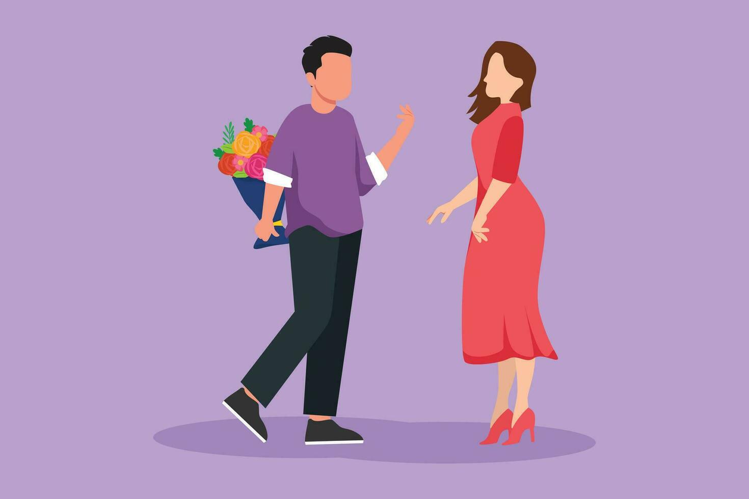 Graphic flat design drawing of handsome man gives flowers to pretty woman. Young male giving to female bouquet of flowers for propose. Happy romantic couple in love. Cartoon style vector illustration