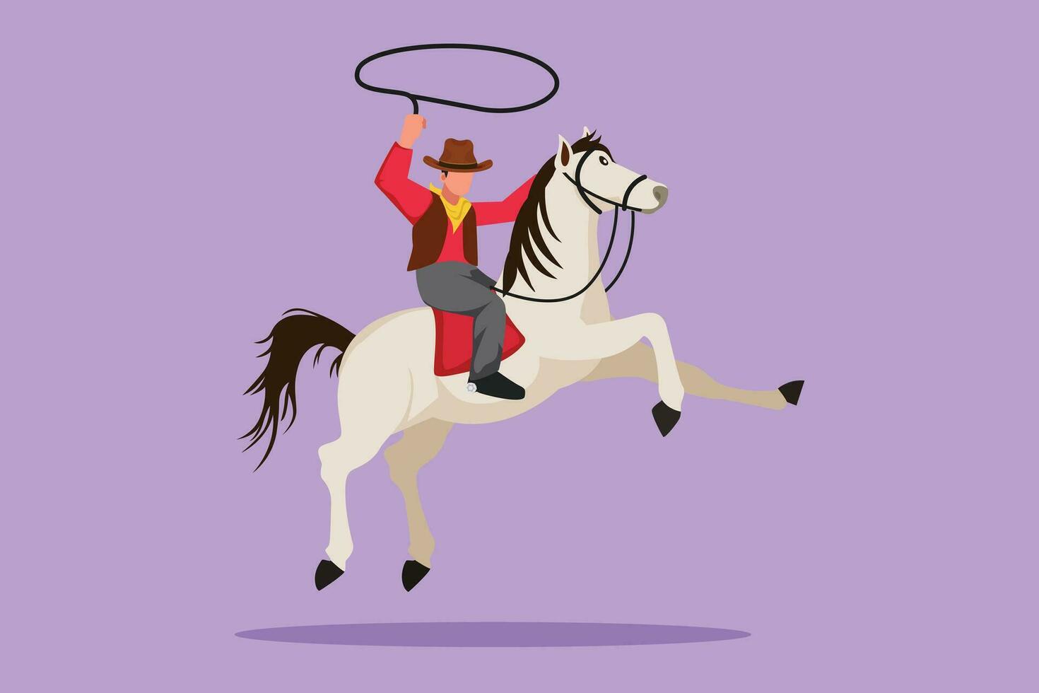 Cartoon flat style drawing strong cowboy on horse galloping across desert. Stylized cowboy on bucking horse running with lasso. Cute cowboy with rope lasso on horse. Graphic design vector illustration