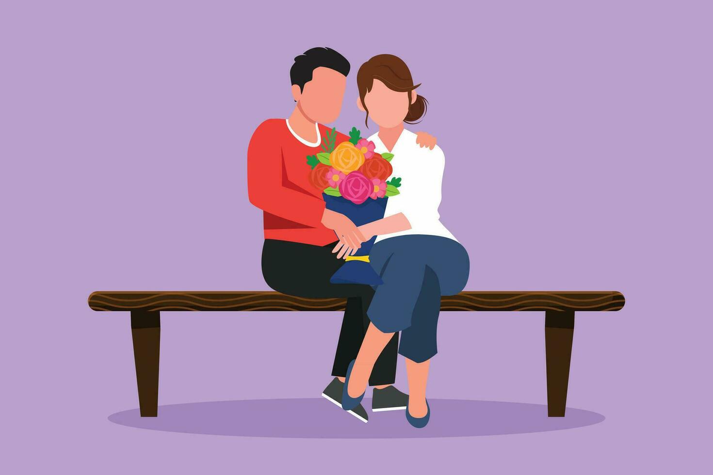 Cartoon flat style drawing man gives flowers to woman and hug her on bench. Young guy giving to female bouquet of flowers for propose. Happy romantic couple in love. Graphic design vector illustration