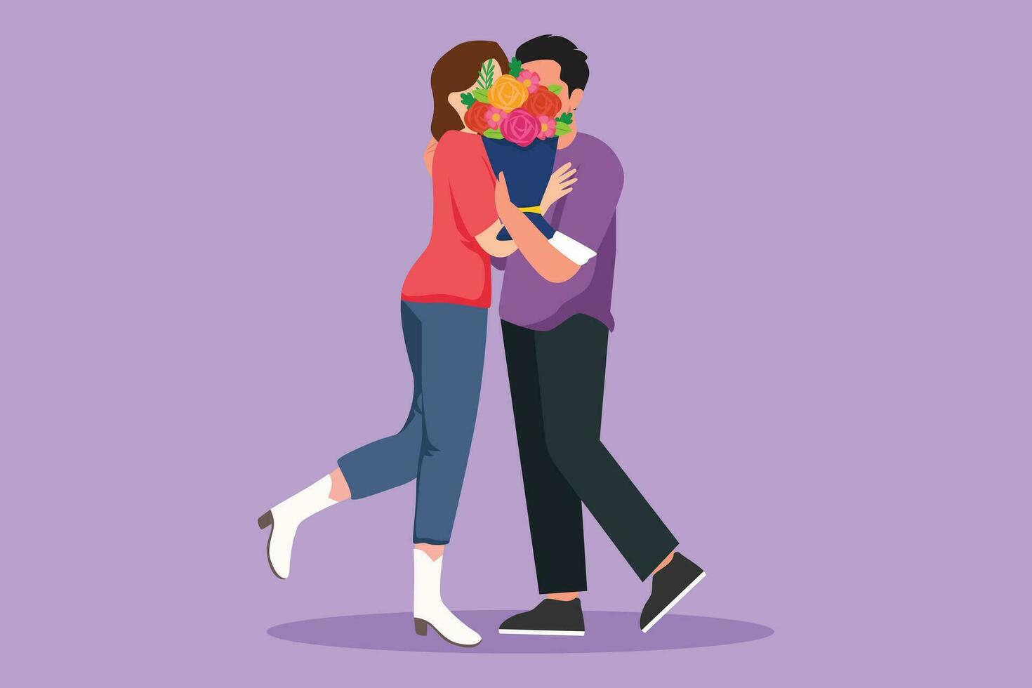 Graphic flat design drawing young romantic couple hugging and kissing each other behind bouquet of flowers. Happy man and cute woman celebrating wedding anniversary. Cartoon style vector illustration