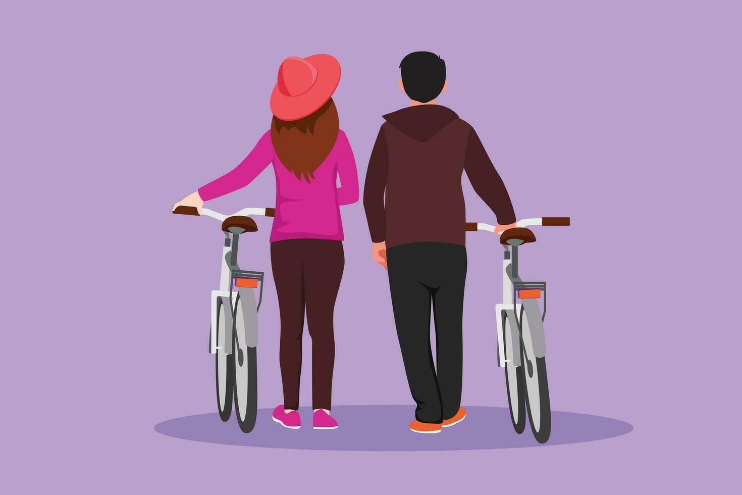 Graphic flat design drawing back view of romantic couple walking together with bicycle at outdoor park. Cheerful man and woman in love. Happy romantic married couple. Cartoon style vector illustration