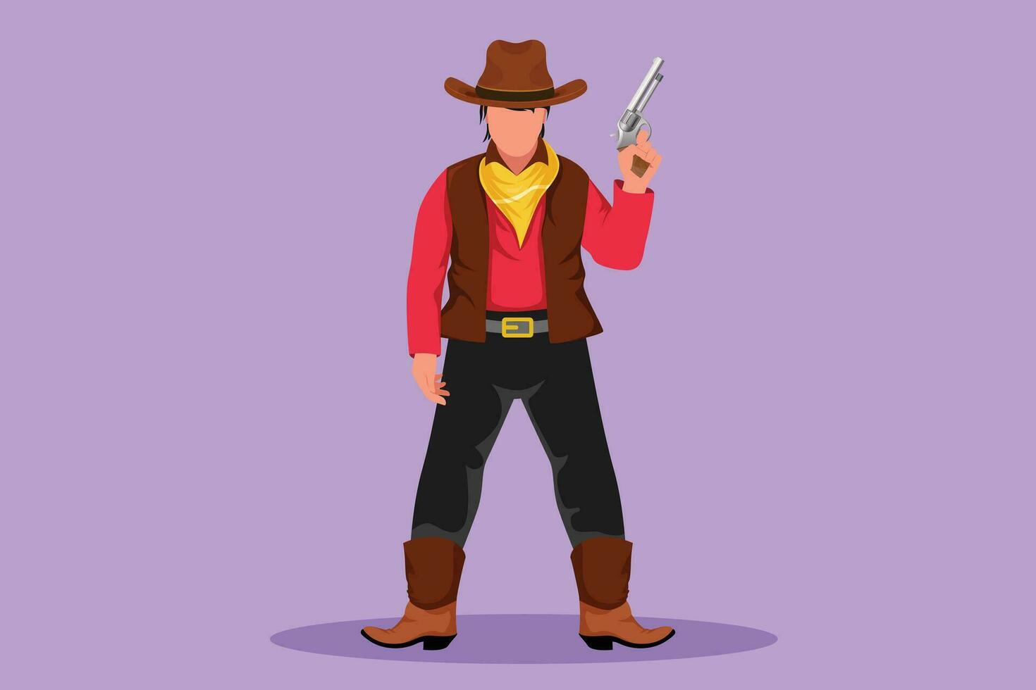 Cartoon flat style drawing of stylized cowboy with hat holding his gun with one hand. Smart American gunslinger style holding gun concept. Weapons for self defense. Graphic design vector illustration