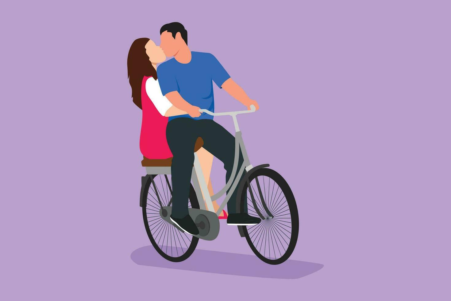 Graphic flat design drawing young loving couple cycling and kissing each other. Romantic human relation, love story, newlywed family in honeymoon traveling adventure. Cartoon style vector illustration