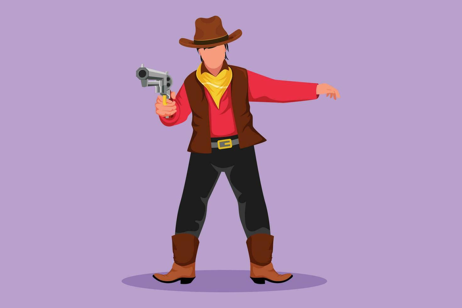 Cartoon flat style drawing smart cowboy holding his gun and aiming the guns ahead. Stylized wild west gunslinger style holding gun. Vintage weapons for self defense. Graphic design vector illustration