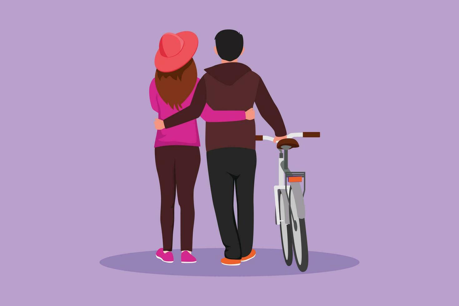 dibujos animados plano estilo dibujo espalda ver de joven Pareja con bicicleta caminando en parque en soleado otoño día. alegre hombre y mujer en amor. contento romántico casado Pareja. gráfico diseño vector ilustración