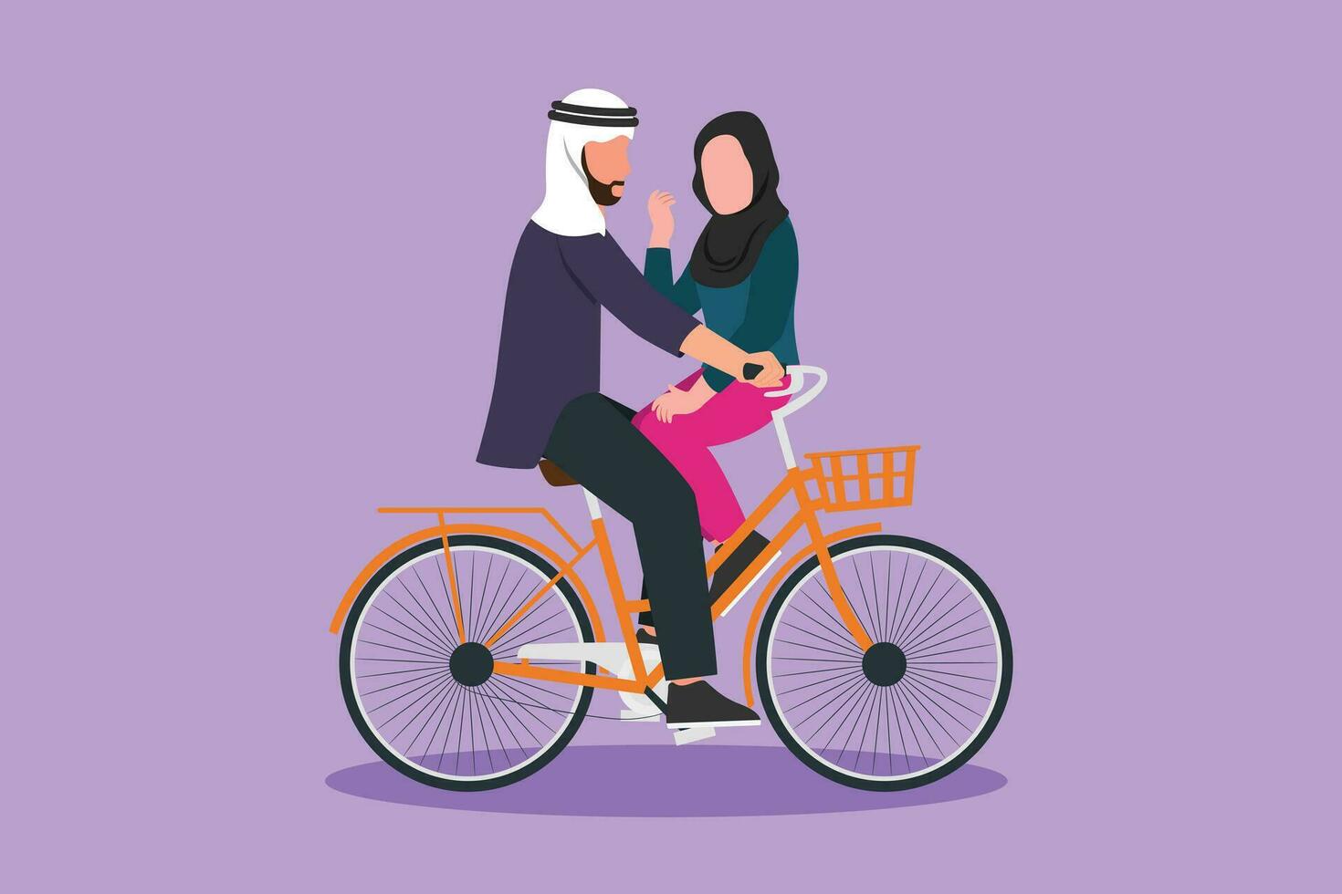 Character flat drawing happy young man and woman riding bicycle face to face. Romantic Arab couple is riding bicycle together. Happy family spend time with exercise. Cartoon design vector illustration