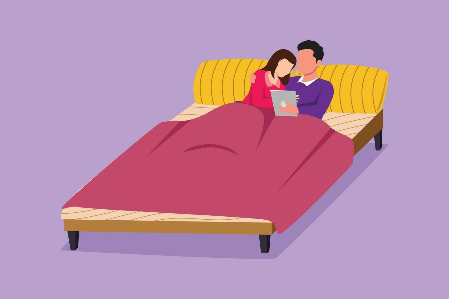 dibujos animados plano estilo dibujo de soñoliento esposa y marido abrazando y acostado en cama. Pareja dormido en cama juntos durante noche descansar. romántico Pareja descansando a noche. gráfico diseño vector ilustración