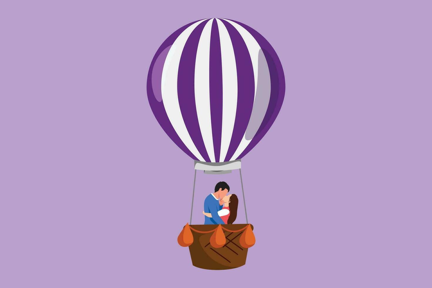 Graphic flat design drawing of lovely romantic couple kissing in hot air balloon in sky and clouds, amorous relationship man and woman. Romantic road trip or journey. Cartoon style vector illustration