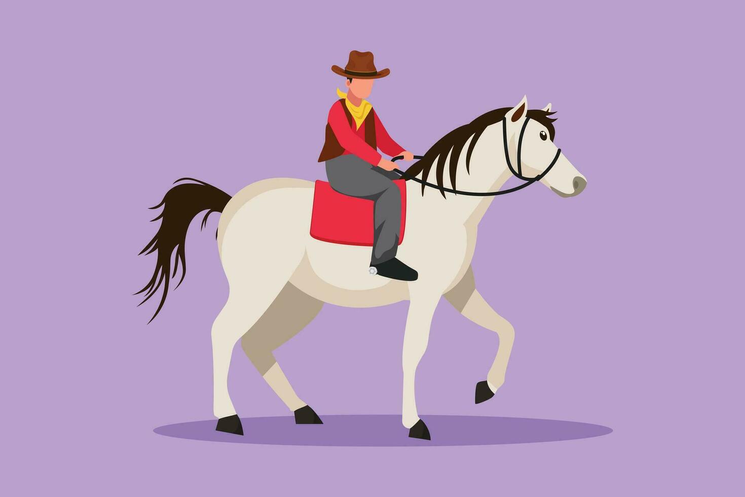 Graphic flat design drawing stylized cowboy riding standing horse at desert. Strong and brave man with cowboy hat riding horse. Senior men pose elegance on horseback. Cartoon style vector illustration