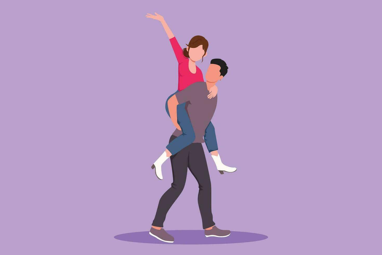 personaje plano dibujo Adolescente Pareja con hombre que lleva mujer en su espalda durante música festival. joven romántico Pareja en amor. contento masculino y hembra a ciudad parque. dibujos animados diseño vector ilustración