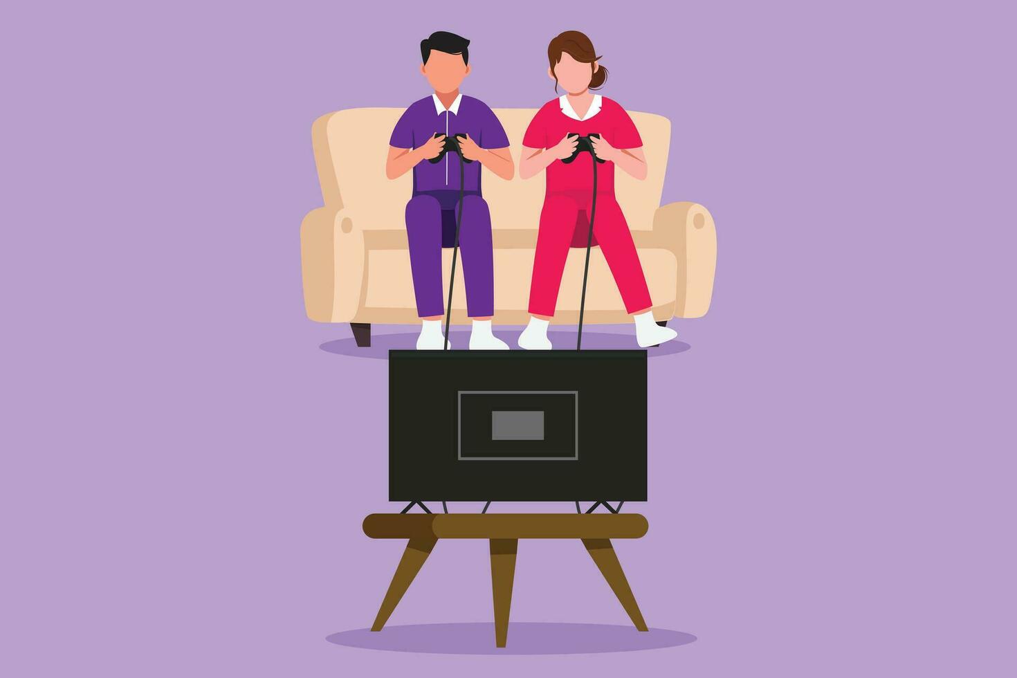 Character flat drawing young family couple sitting on sofa playing computer games on gaming console and watching tv set. Romantic couple at home leisure spare time. Cartoon design vector illustration