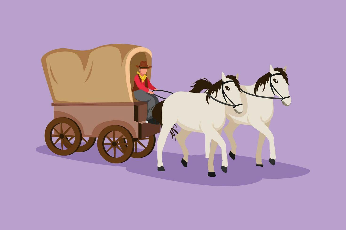 Graphic flat design drawing vintage western stagecoach with horses. Wild west covered wagons and cowboy in desert landscape. Retro western transport with old wagon. Cartoon style vector illustration