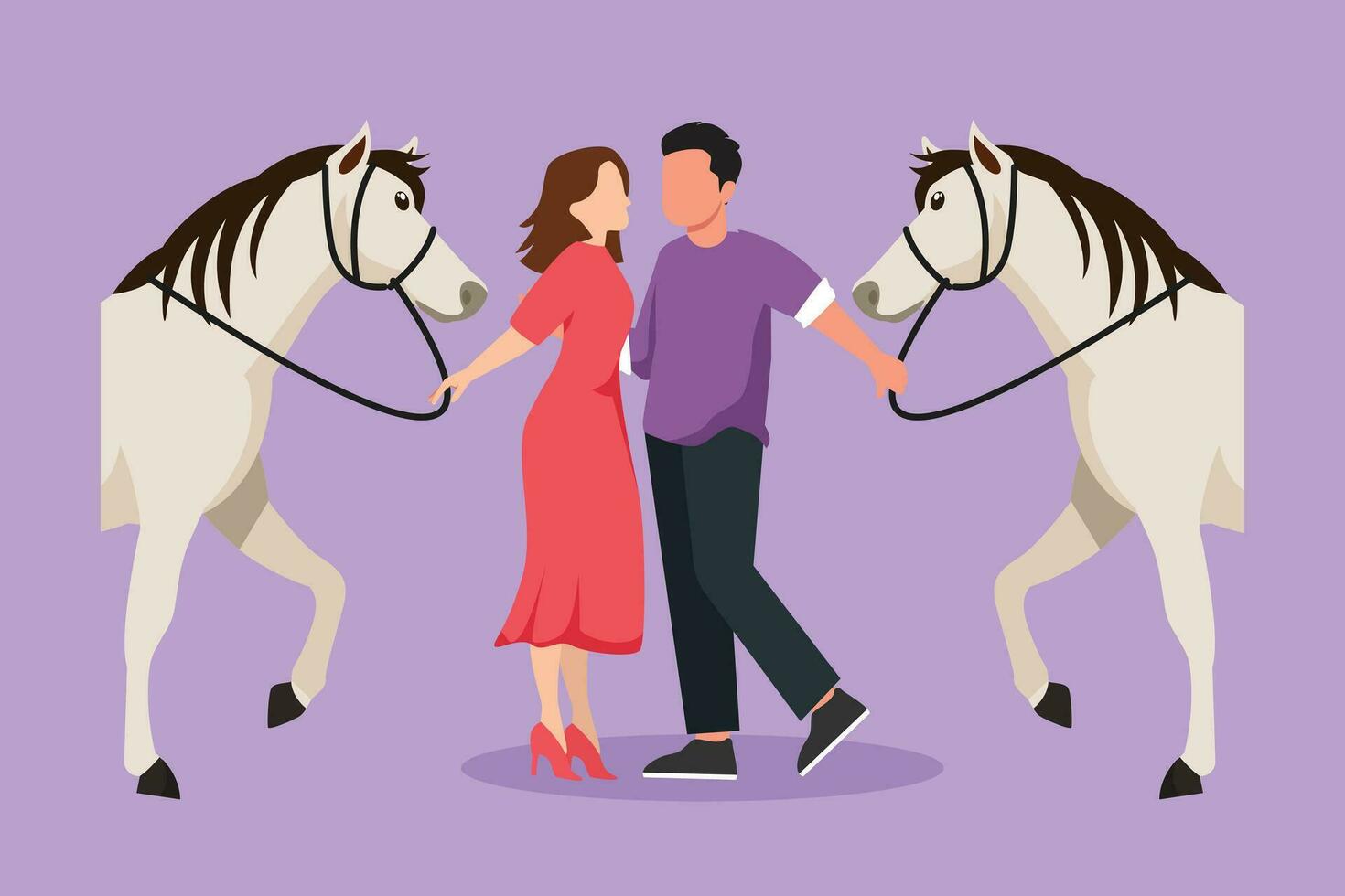 personaje plano dibujo de romántico Pareja en pie y hablando junto a ellos caballos. joven hombre y mujer reunirse para Fechado con paseo caballo. compromiso y amor relación. dibujos animados diseño vector ilustración