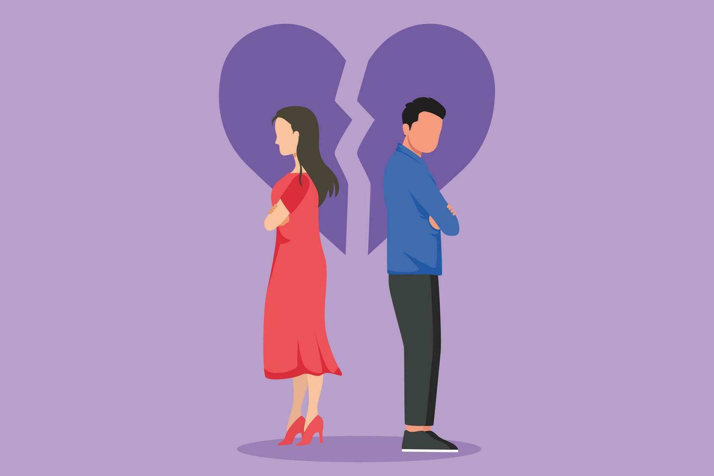 Cartoon flat style drawing unhappy young couple standing arms crossed. Family conflict. Break up relationship. Married man and woman angry, sad against broken heart. Graphic design vector illustration