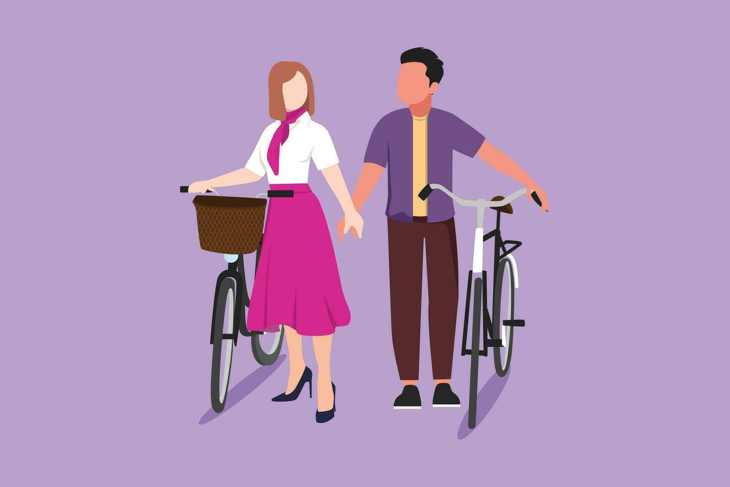 Graphic flat design drawing romantic couple cyclists walking down forest road with their bicycles on summer day. Man and woman in love. Happy romantic married couple. Cartoon style vector illustration