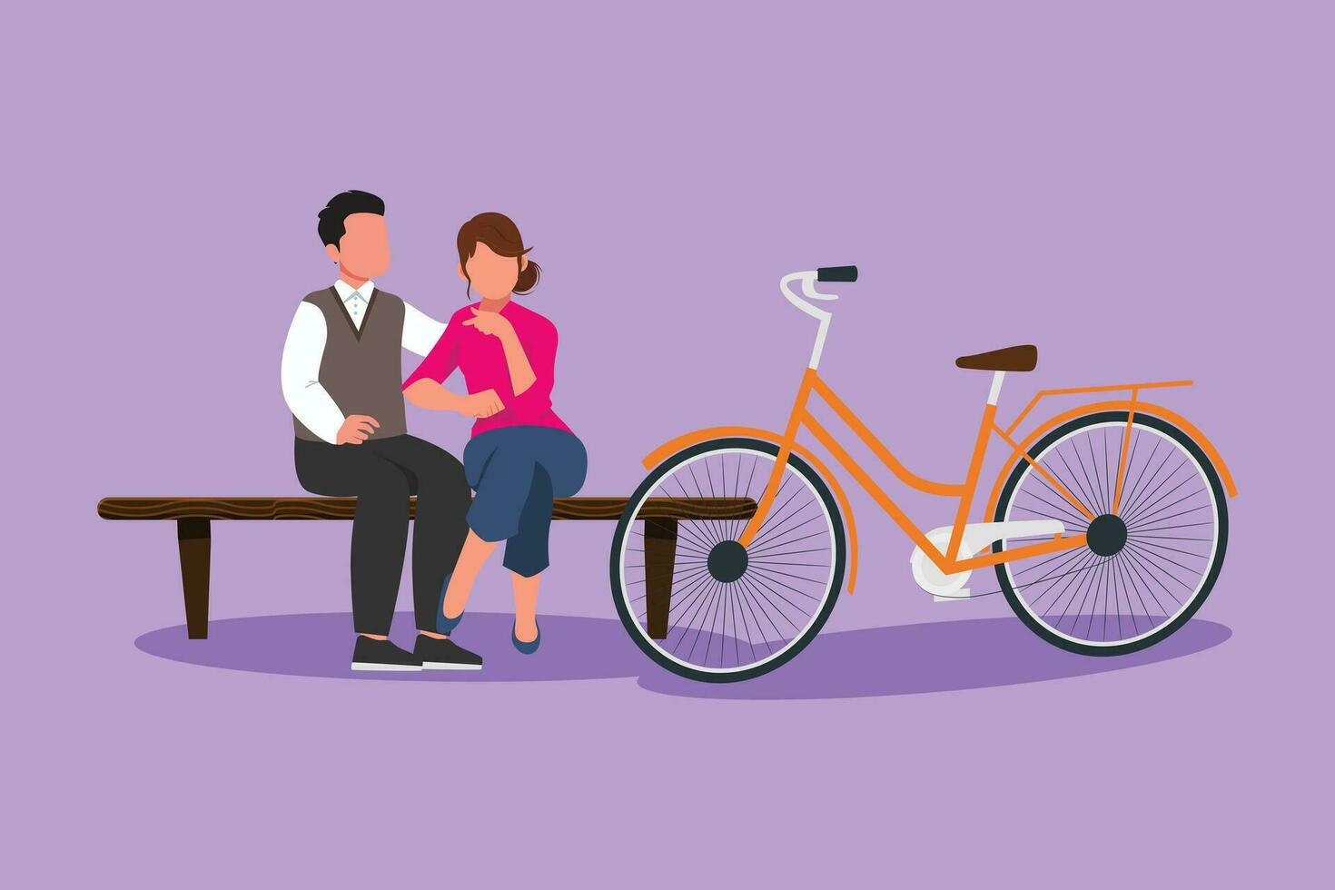 personaje plano dibujo romántico Pareja chateando mientras sentado en banco. romántico Adolescente Pareja paseo bicicleta y tomar un descanso a ciudad parque. joven hombre y mujer en amor. dibujos animados diseño vector ilustración