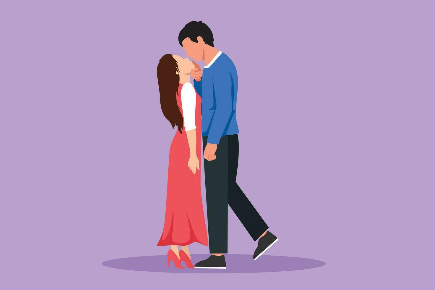 Cartoon flat style drawing dominant relationship. Romantic couple in love kissing and hugging. Happy handsome man and pretty woman celebrating wedding anniversary. Graphic design vector illustration
