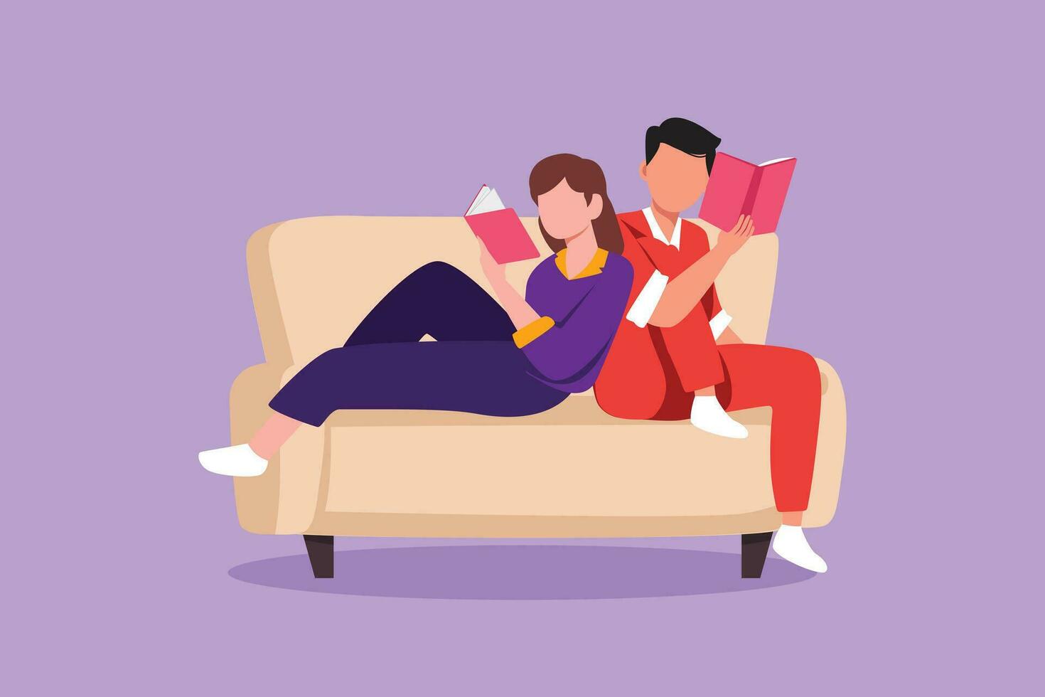 gráfico plano diseño dibujo noche descanso de romántico Pareja escena con hombre y mujer en sofá. relajante hermoso masculino y hermosa hembra leyendo libro en salón habitación. dibujos animados estilo vector ilustración