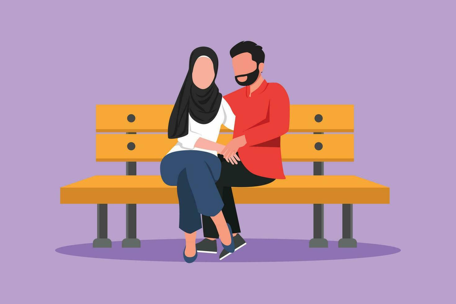 gráfico plano diseño dibujo romántico árabe Pareja Fechado a parque. hombre y mujer sentado en banco en ciudad parque. contento familia. intimidad celebrar Boda aniversario. dibujos animados estilo vector ilustración