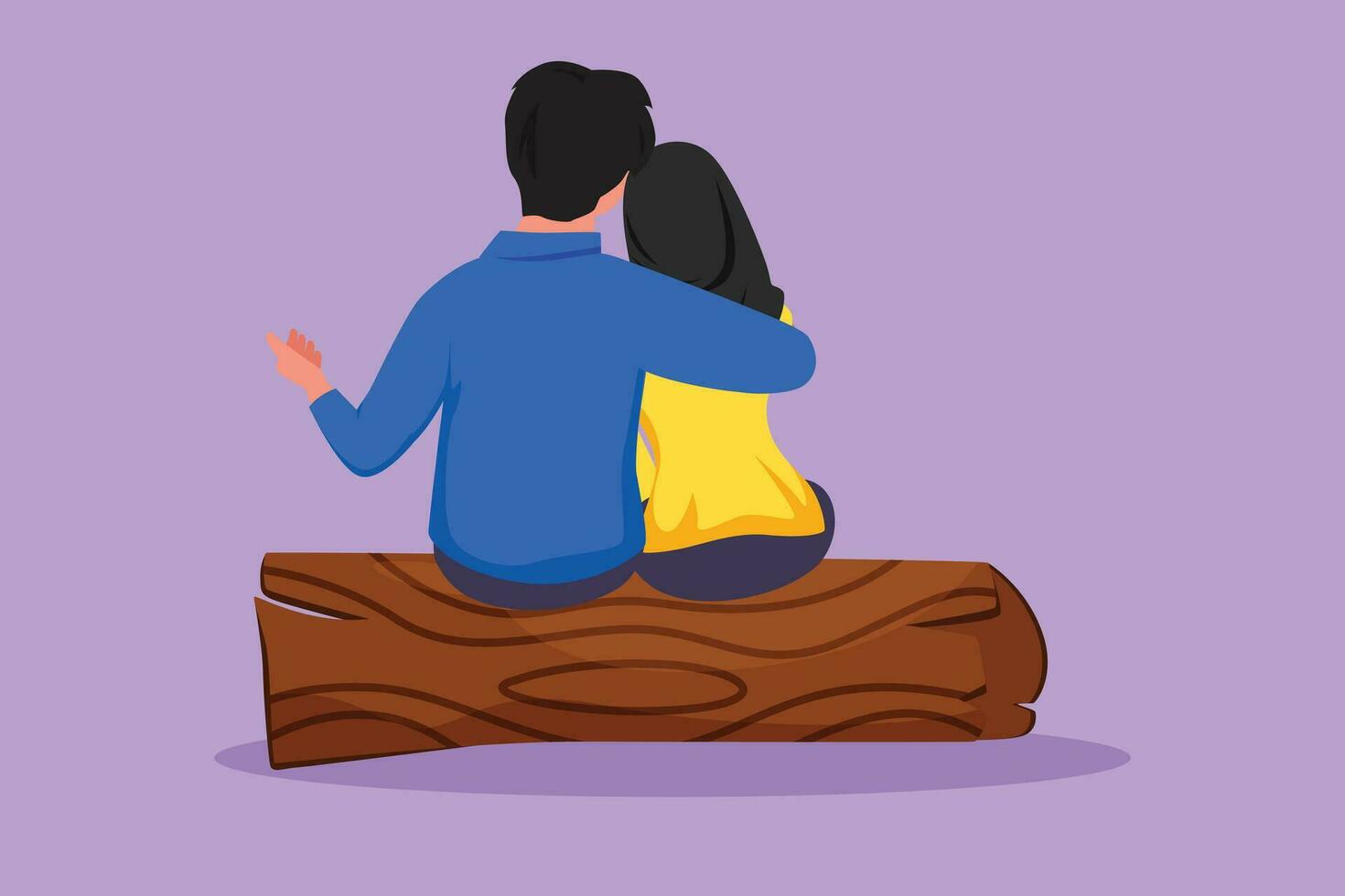 Graphic flat design drawing embracing romantic couple sitting on wooden log at park. Happy family. Couple in relationship in love. Arabian man hugging partner woman. Cartoon style vector illustration
