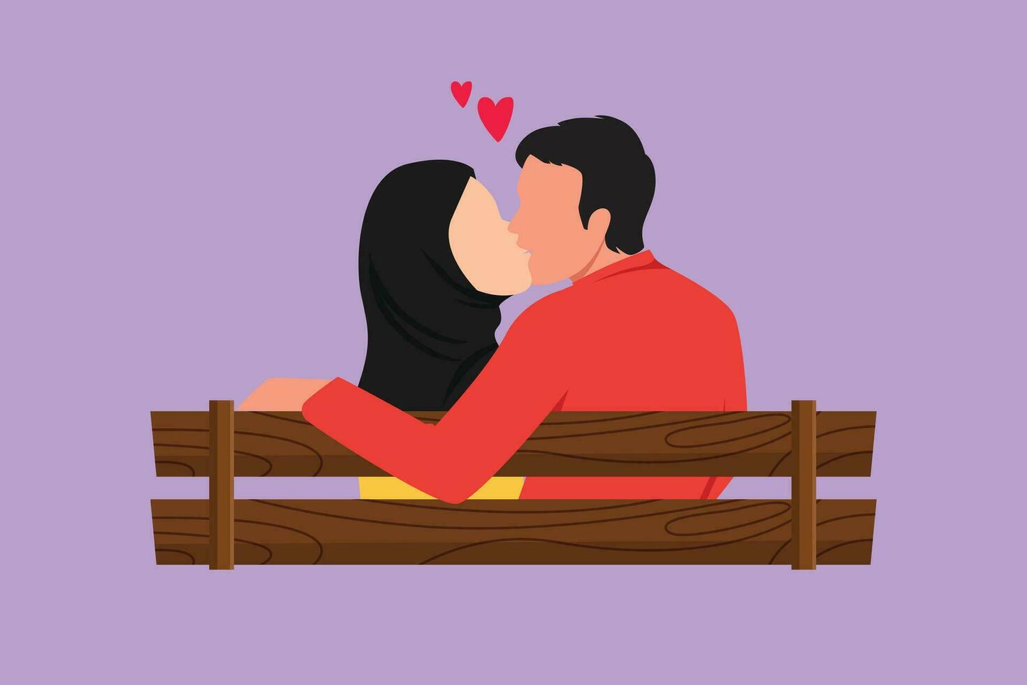 Character flat drawing back view of romantic Arab couple sweet kissing sitting on bench at park in beautiful scenery. Happy guy and pretty girl relationship in love. Cartoon design vector illustration