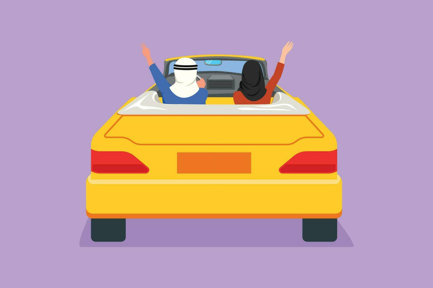 Graphic flat design drawing back view of happy couple driving cabriolet car in night cheering joyful with arms raised. Romantic Arabian couple summer vacation travel. Cartoon style vector illustration