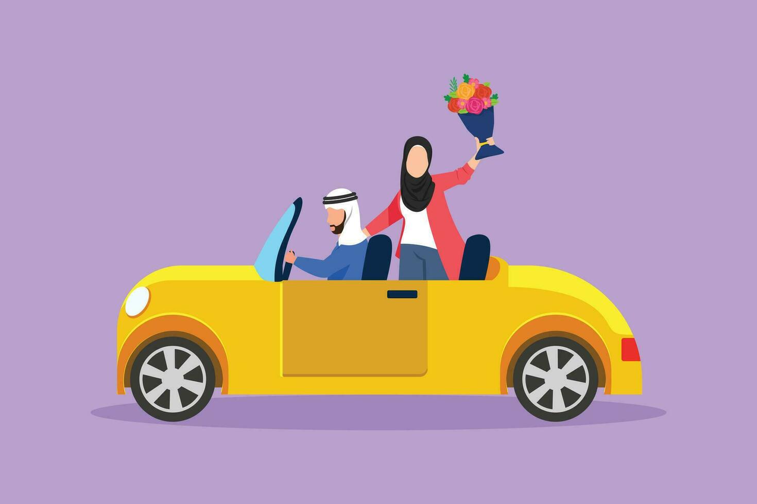 gráfico plano diseño dibujo linda recién casado Pareja novio en vehículo. contento árabe hombre y hermosa mujer montando Boda coche. casado romántico Pareja relación. dibujos animados estilo vector ilustración