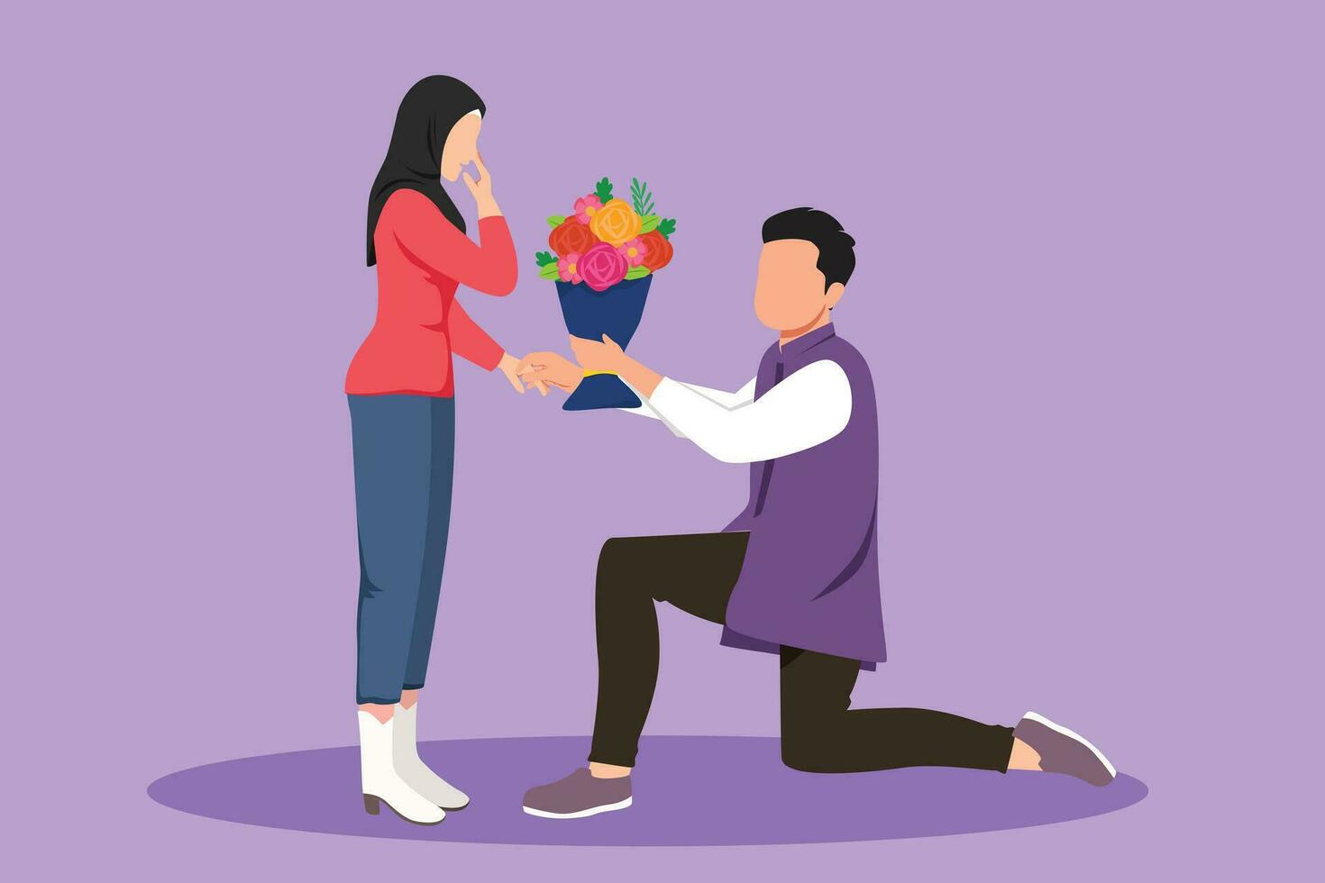 Graphic flat design drawing of Arabian man on knee making marriage proposal to woman with bouquet. Boy in love giving flowers. Happy couple getting ready for wedding. Cartoon style vector illustration