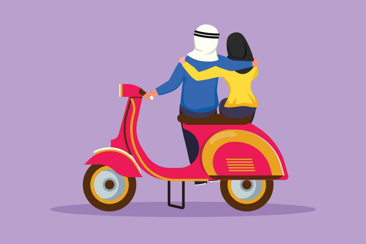 personaje plano dibujo espalda ver de jinetes Pareja viaje viaje relajarse. romántico árabe Pareja Luna de miel momentos con abrazando hombre con mujer montando scooter motocicleta. dibujos animados diseño vector ilustración