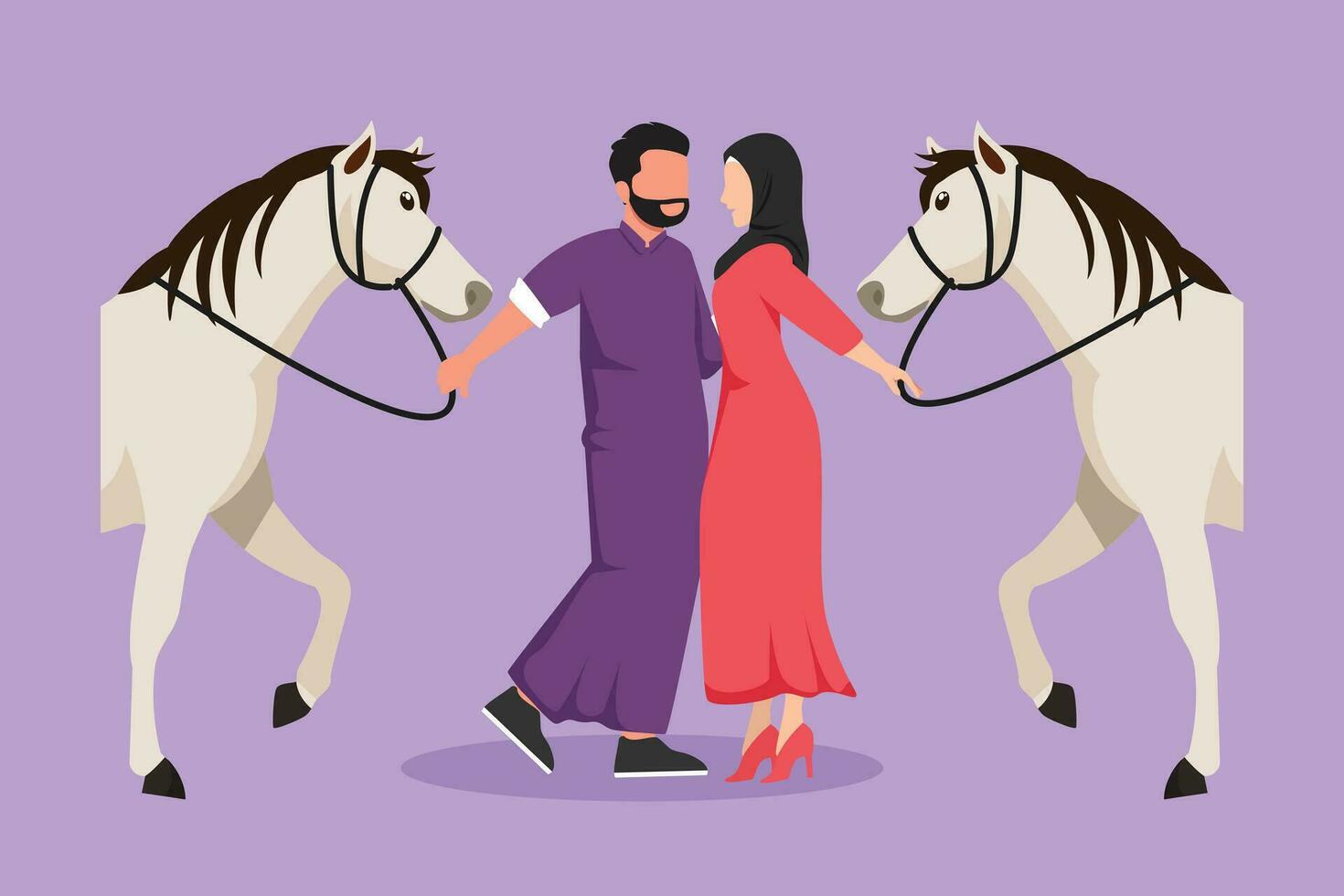 Graphic flat design drawing romantic Arab couple standing and talking beside they horses. Man and woman meet for dating with ride horse. Engagement and love relation. Cartoon style vector illustration