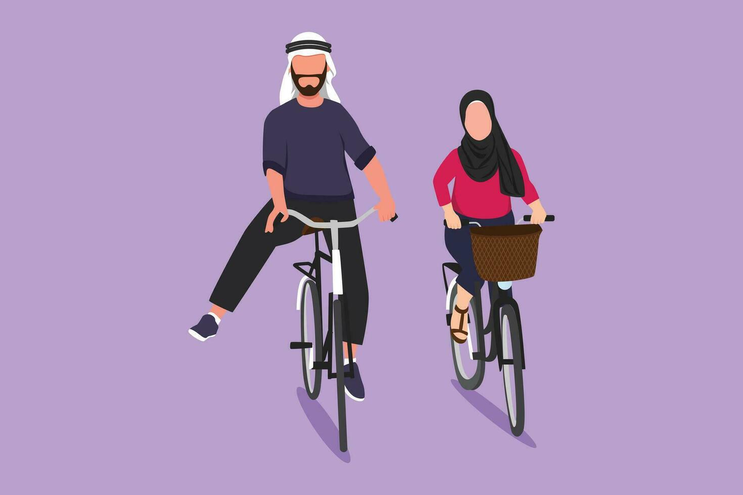 Graphic flat design drawing happy Arabian couple riding on bicycle. Romantic teenage couple ride bike at city park. Young man and woman in love. Happy married couple. Cartoon style vector illustration