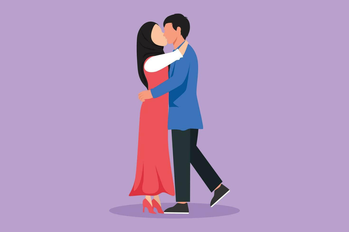 gráfico plano diseño dibujo amoroso Pareja besos y abrazando romántico Pareja amantes besos y participación manos. árabe hombre y mujer celebrando Boda aniversario. dibujos animados estilo vector ilustración