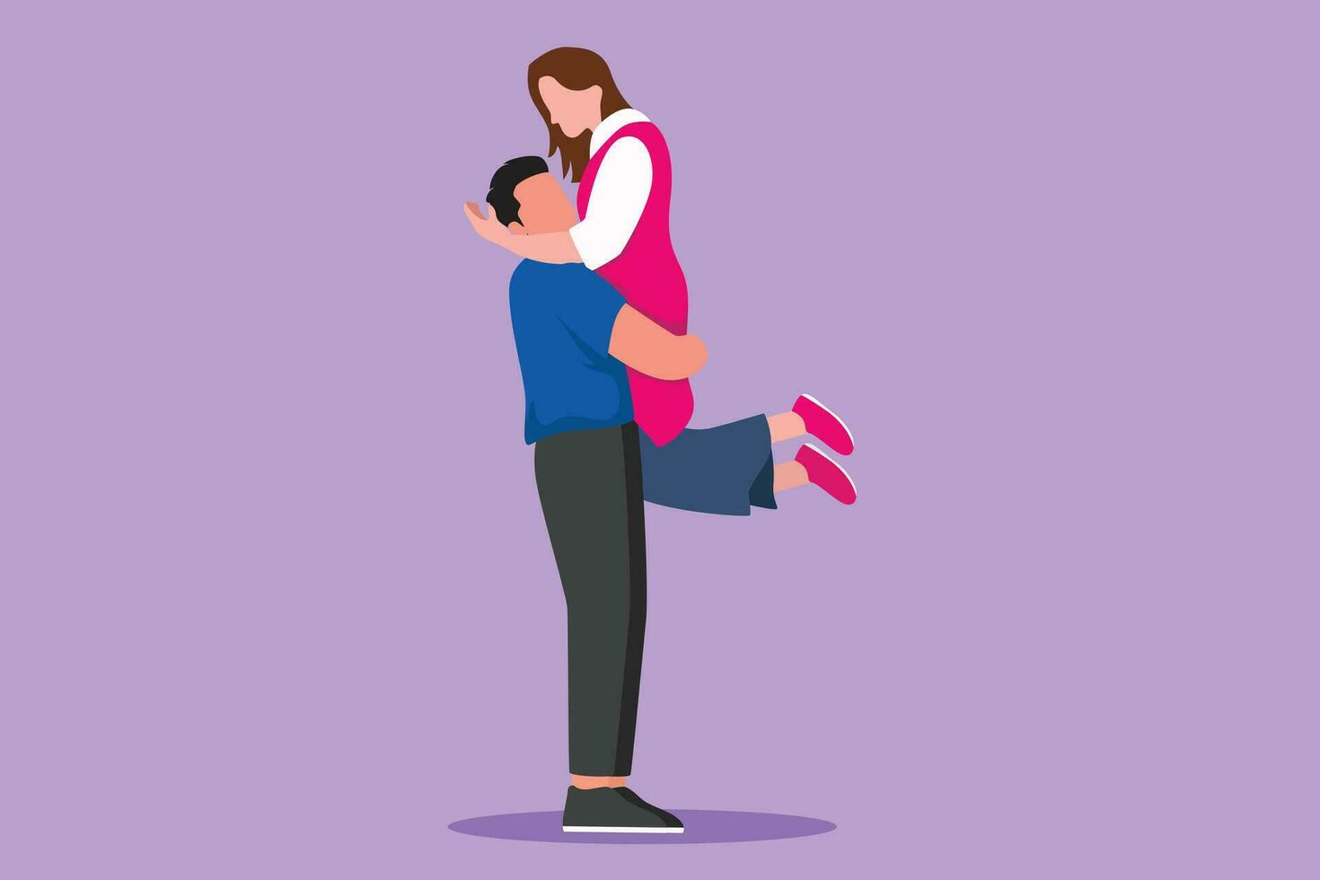 Cartoon flat style drawing of romantic couple hugging and encircling their lovers with arms. Cute woman jumping into man embrace. Relationship, love, dating concept. Graphic design vector illustration