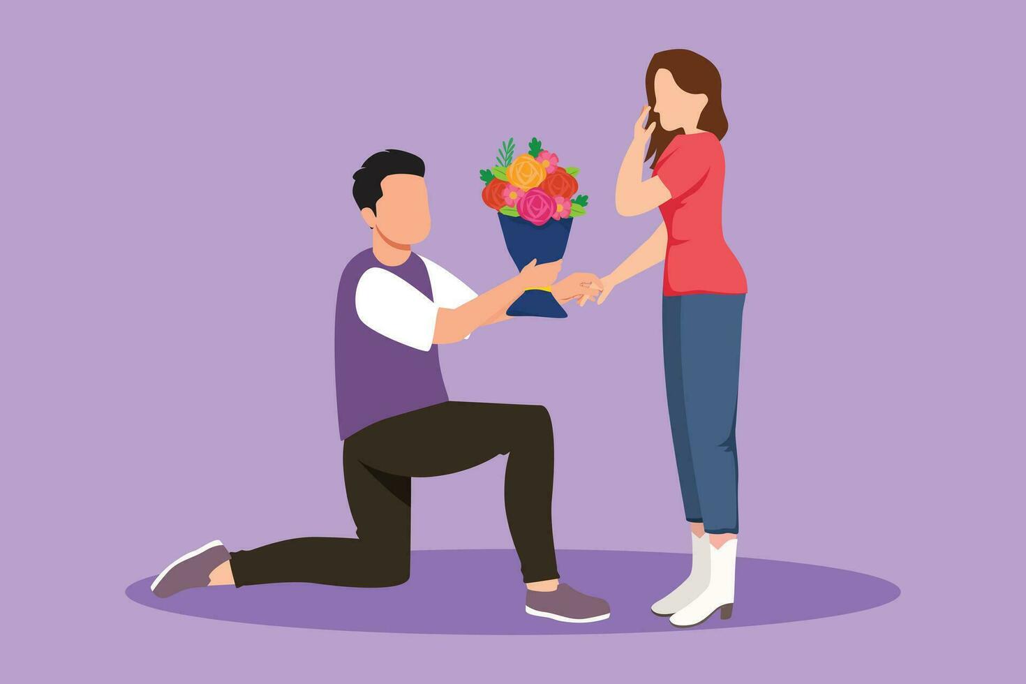 Graphic flat design drawing handsome man on knee making marriage proposal to woman with bouquet. Boy in love giving flowers. Happy couple getting ready for wedding. Cartoon style vector illustration