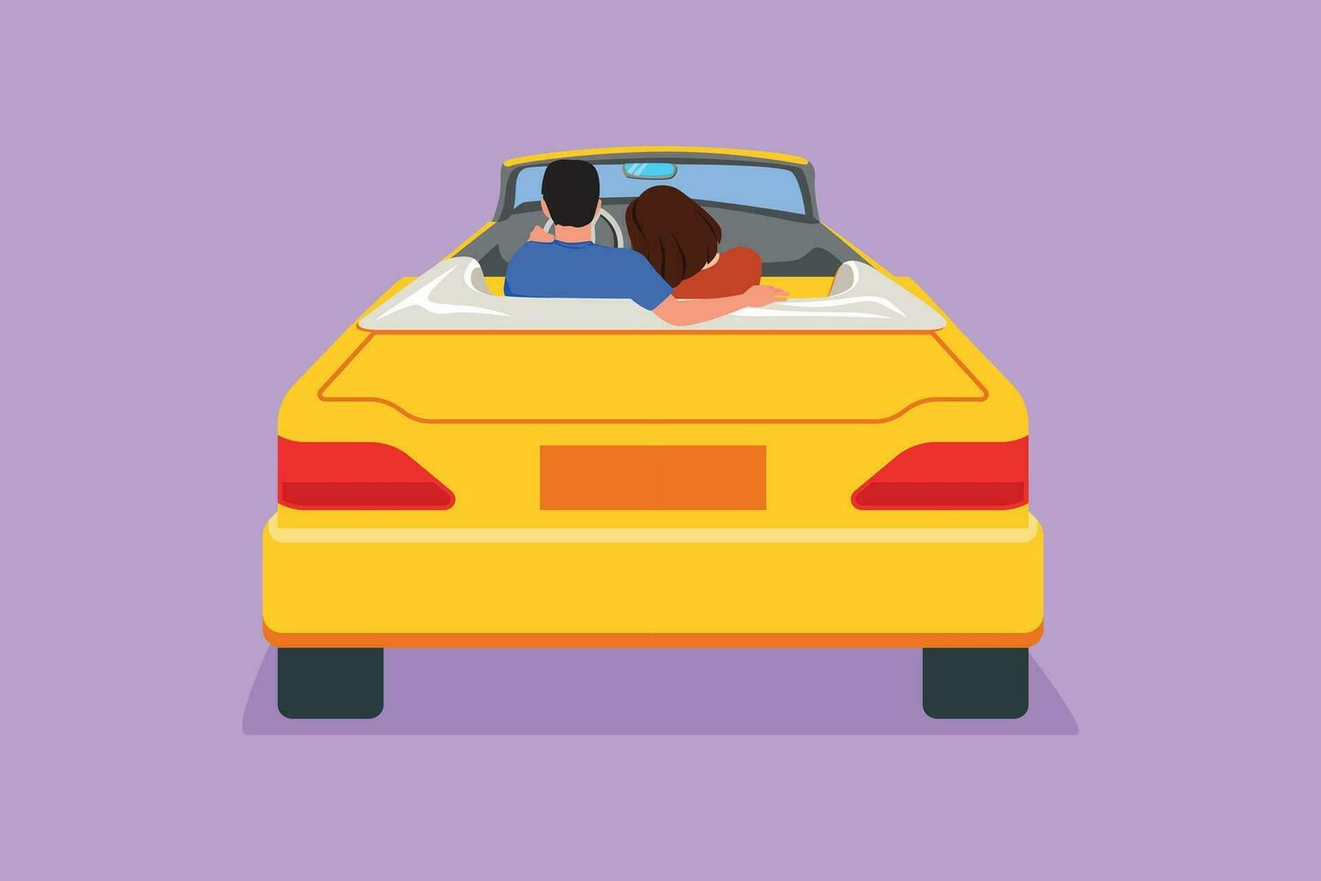 dibujos animados plano estilo dibujo espalda ver amoroso Pareja sentado y abrazando en convertible coche. contento hombre mujer consiguiendo Listo para boda. compromiso y amor relaciones gráfico diseño vector ilustración