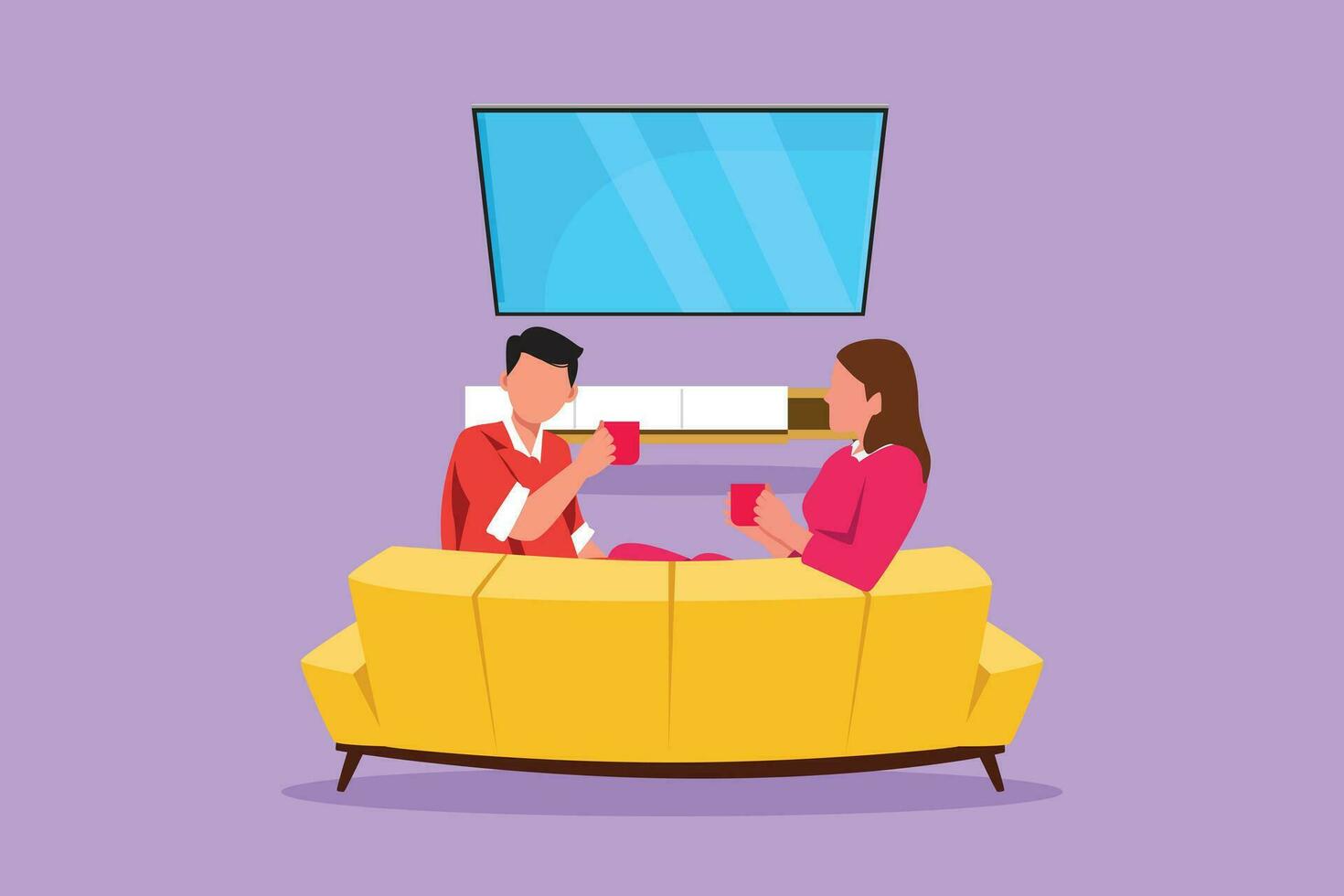 Character flat drawing back view of romantic couple sitting at sofa, talking and drinking coffee together. Happy man and woman have relaxing day off. Stay at home. Cartoon design vector illustration