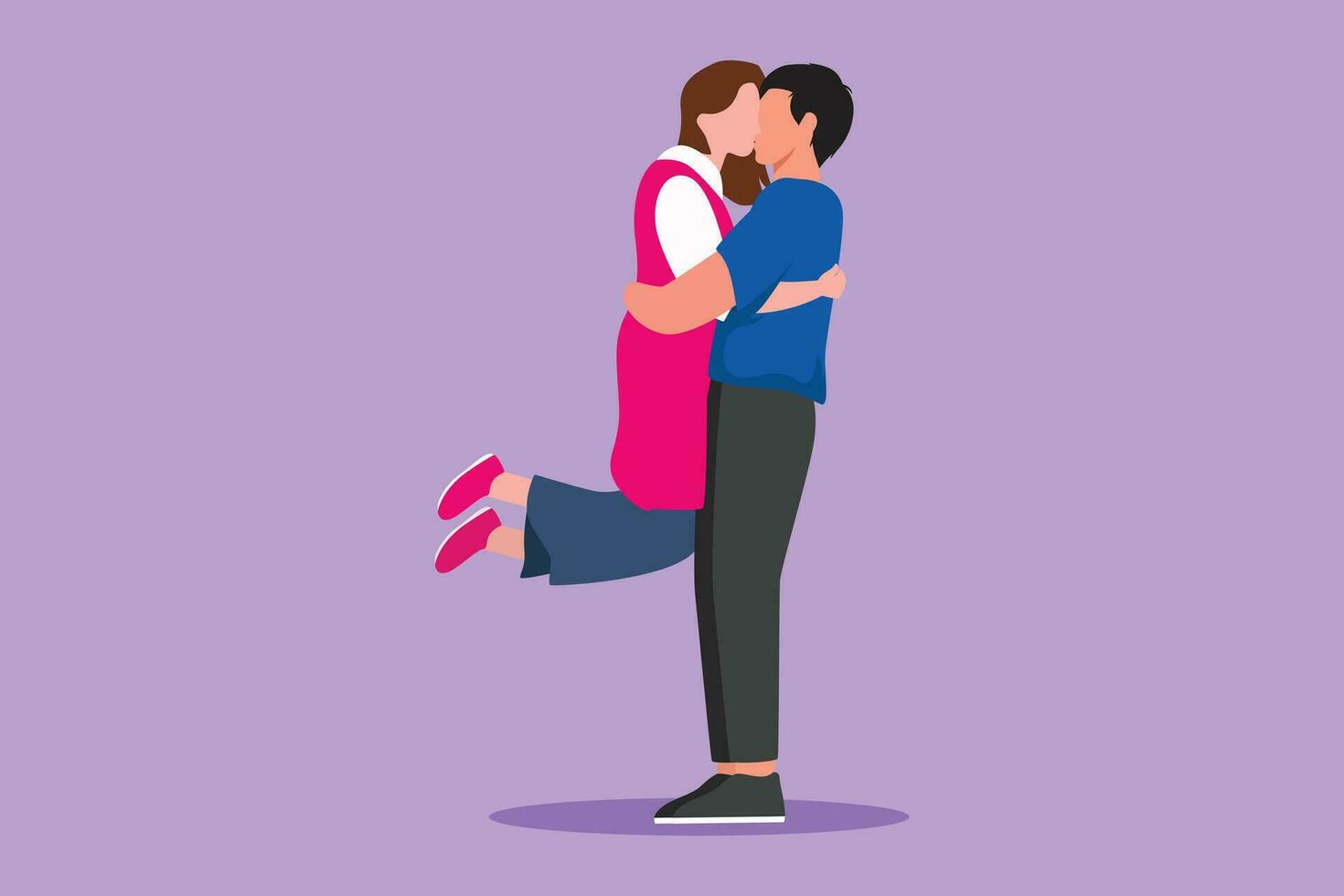 Character flat drawing romantic couple in love kissing and hugging at outdoor park. Happy man carrying pretty woman celebrating wedding anniversary. Lovely relation. Cartoon design vector illustration