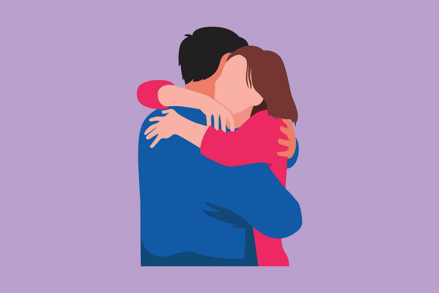 Cartoon flat style drawing pretty girl is hugging boy with smile. Cheerful man hugging and embracing woman. Romantic couple dating characters. Happy family concept. Graphic design vector illustration