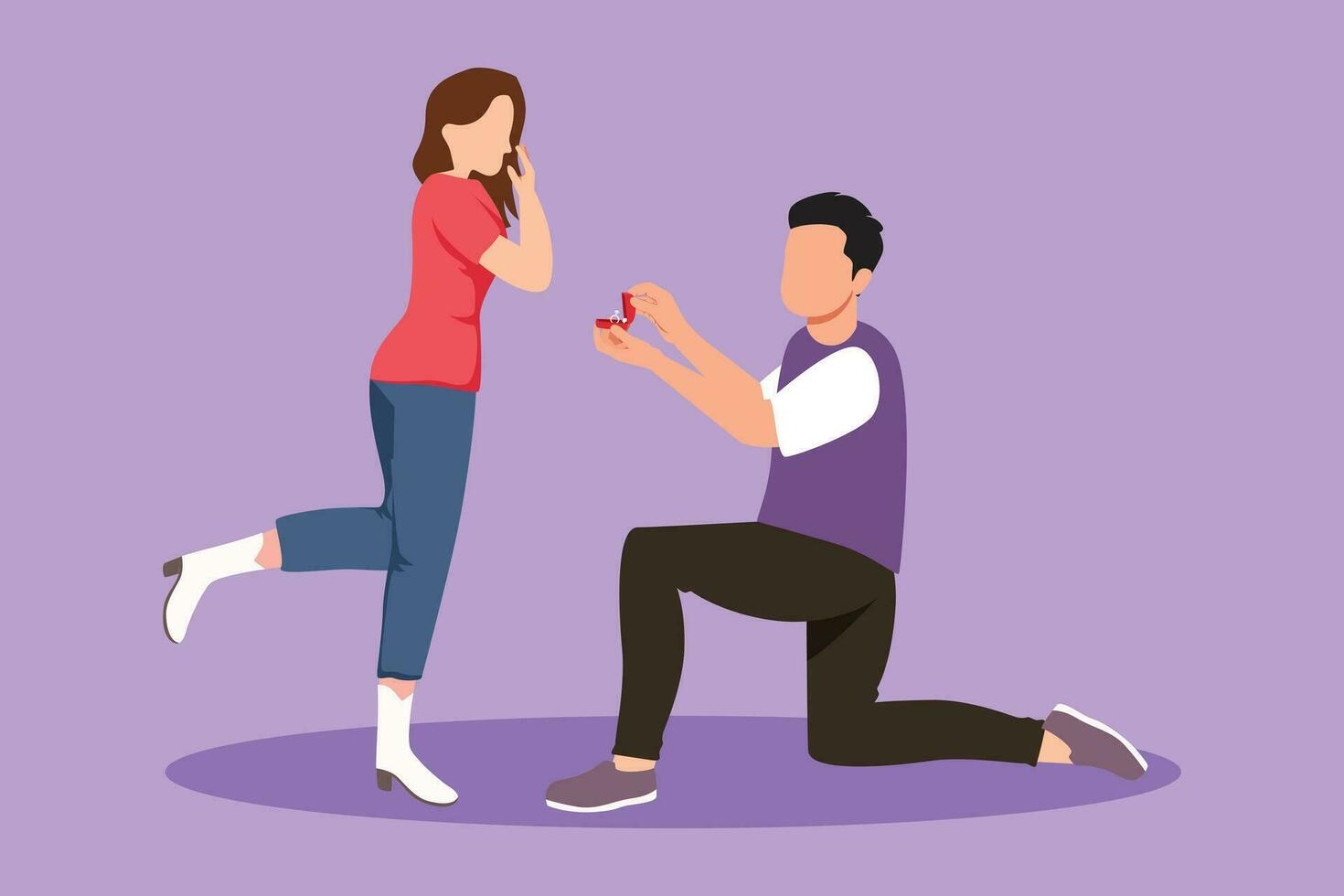 Cartoon flat style drawing cheerful man kneeling offering engagement ring to his girlfriend. Young guy on knees proposing girl to marry. Marriage proposal concept. Graphic design vector illustration