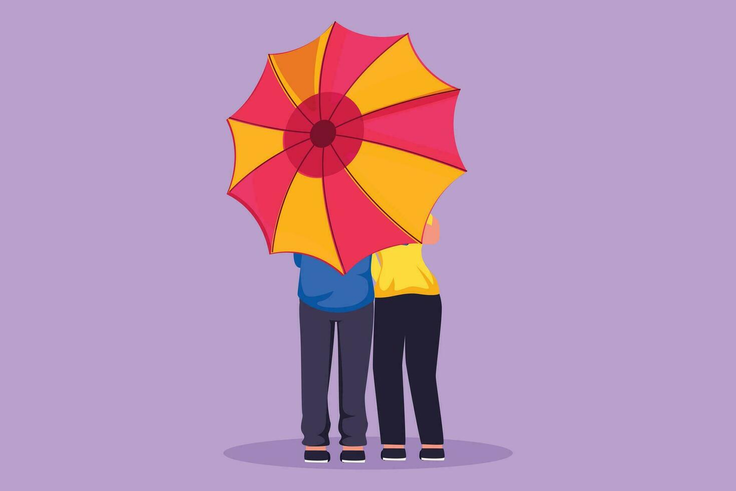 Cartoon flat style drawing back view of young couple man and woman, cute girl and boy walking holding umbrella under rain. Romantic couple at rainy autumn weather. Graphic design vector illustration