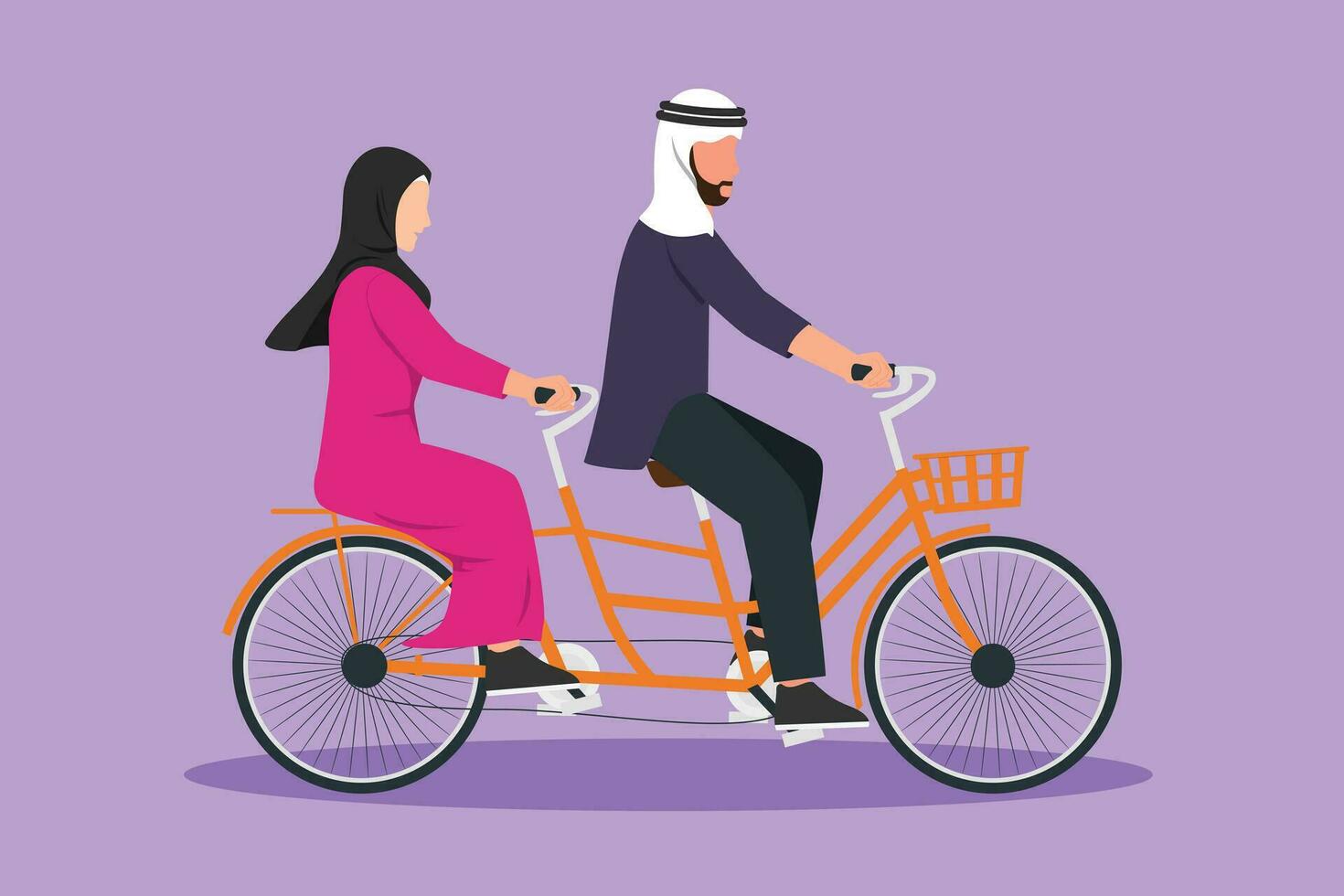 gráfico plano diseño dibujo romántico Pareja montando bicicleta juntos. contento árabe Pareja montando tándem bicicleta. contento familia. intimidad celebrar Boda aniversario. dibujos animados estilo vector ilustración