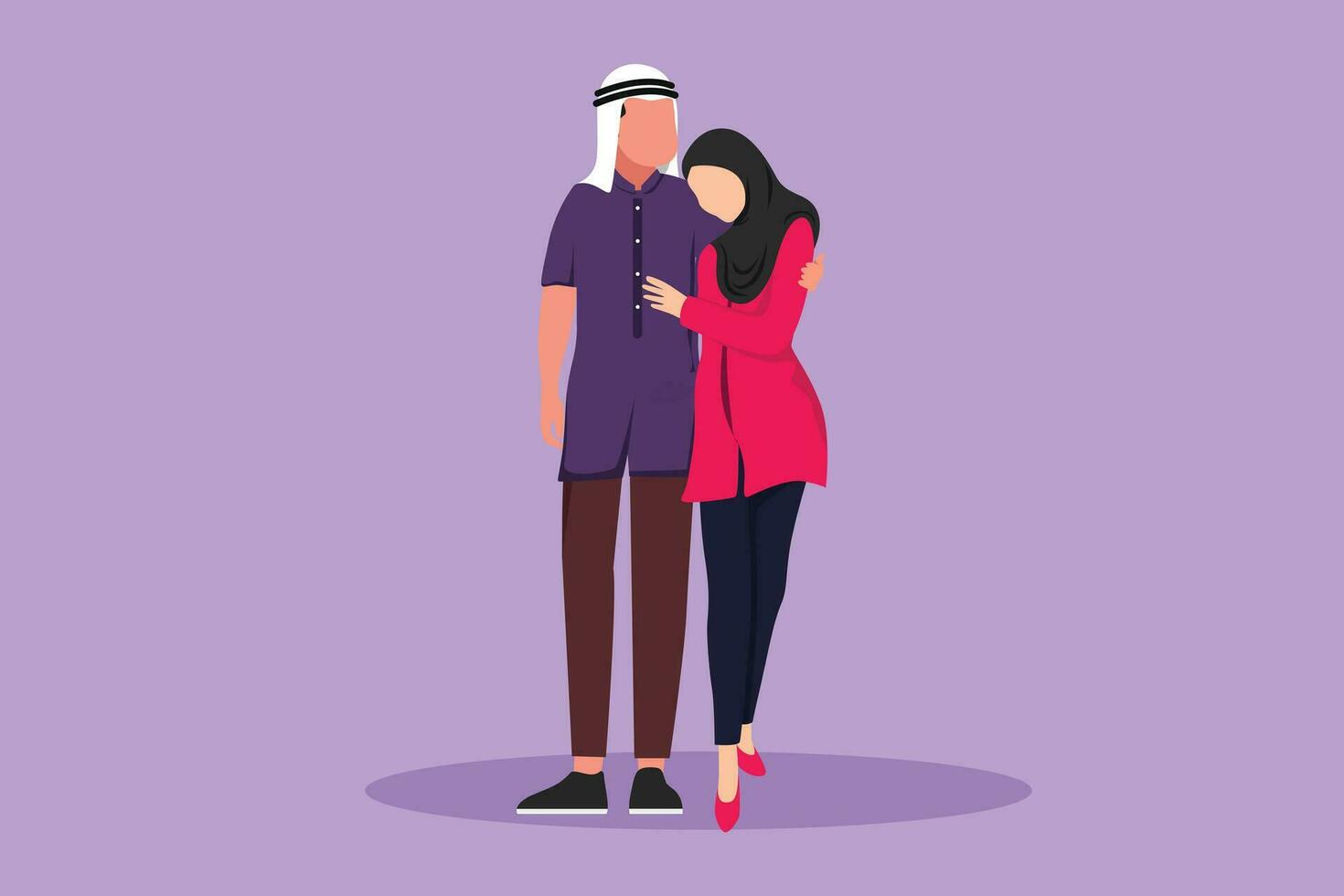 Cartoon flat style drawing young couple man and woman in love by hugging each other. Romantic Arabian couple in love spending time together outdoors. Happy family. Graphic design vector illustration