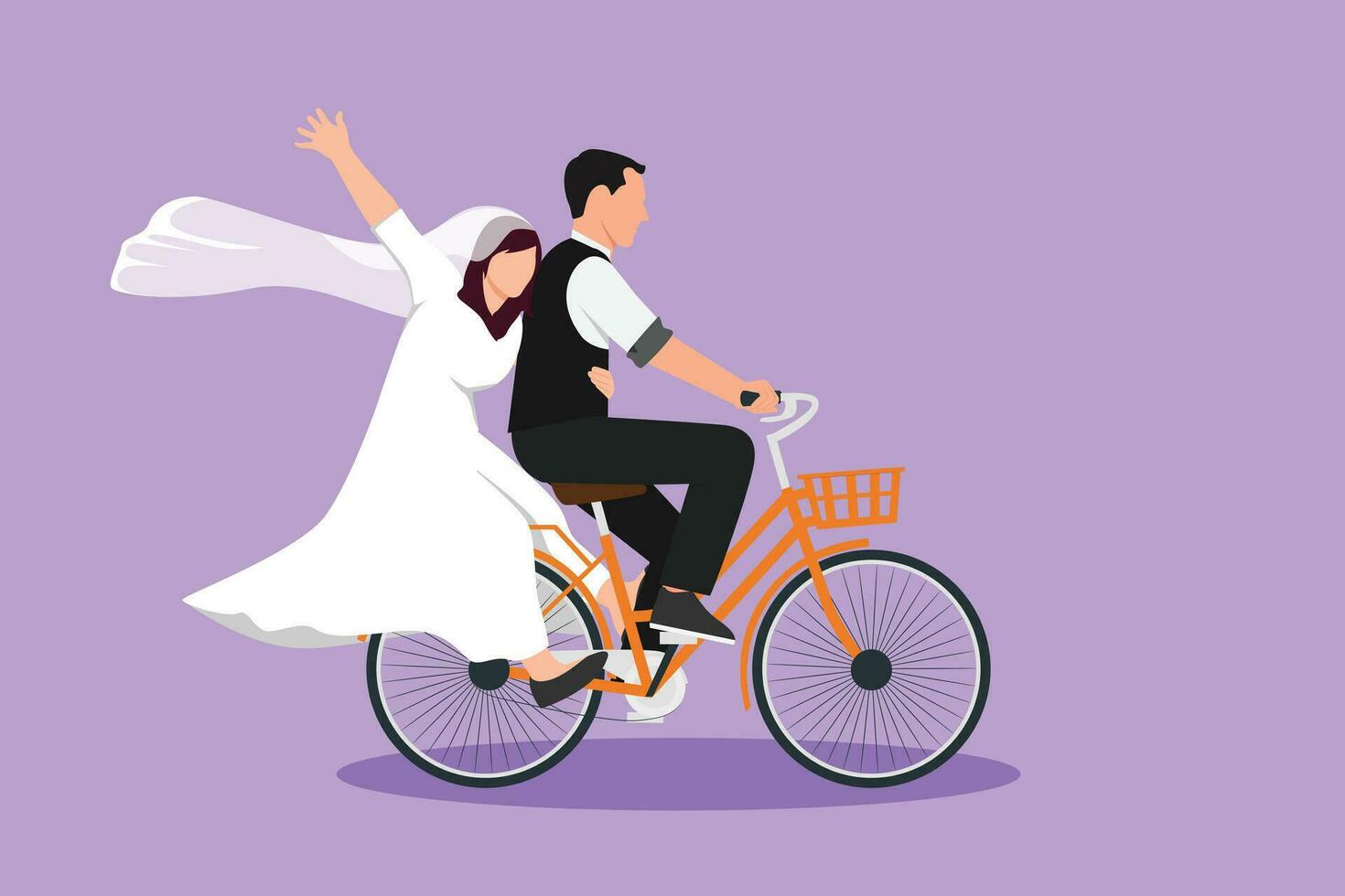 Cartoon flat style drawing happy married couple having fun on date riding bicycle in love at park. Back view of romantic teenage couple ride bike with wedding dress. Graphic design vector illustration