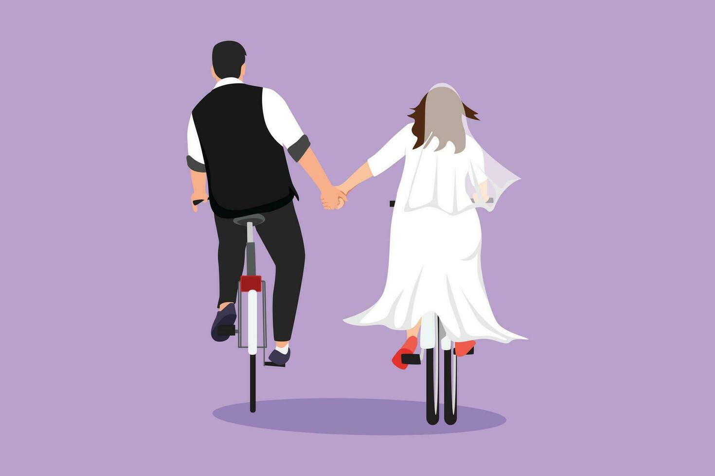 personaje plano dibujo contento romántico casado Pareja paseo bicicletas espalda a cámara y participación manos. joven hermoso hombre y linda mujer en amor vistiendo Boda vestido. dibujos animados diseño vector ilustración