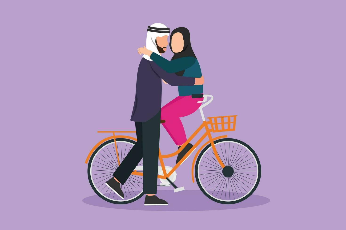 dibujos animados plano estilo dibujo romántico árabe Pareja sentado en bicicleta y besos cada otro. relaciones, amor historia, recién casado familia en Luna de miel de viaje aventura. gráfico diseño vector ilustración