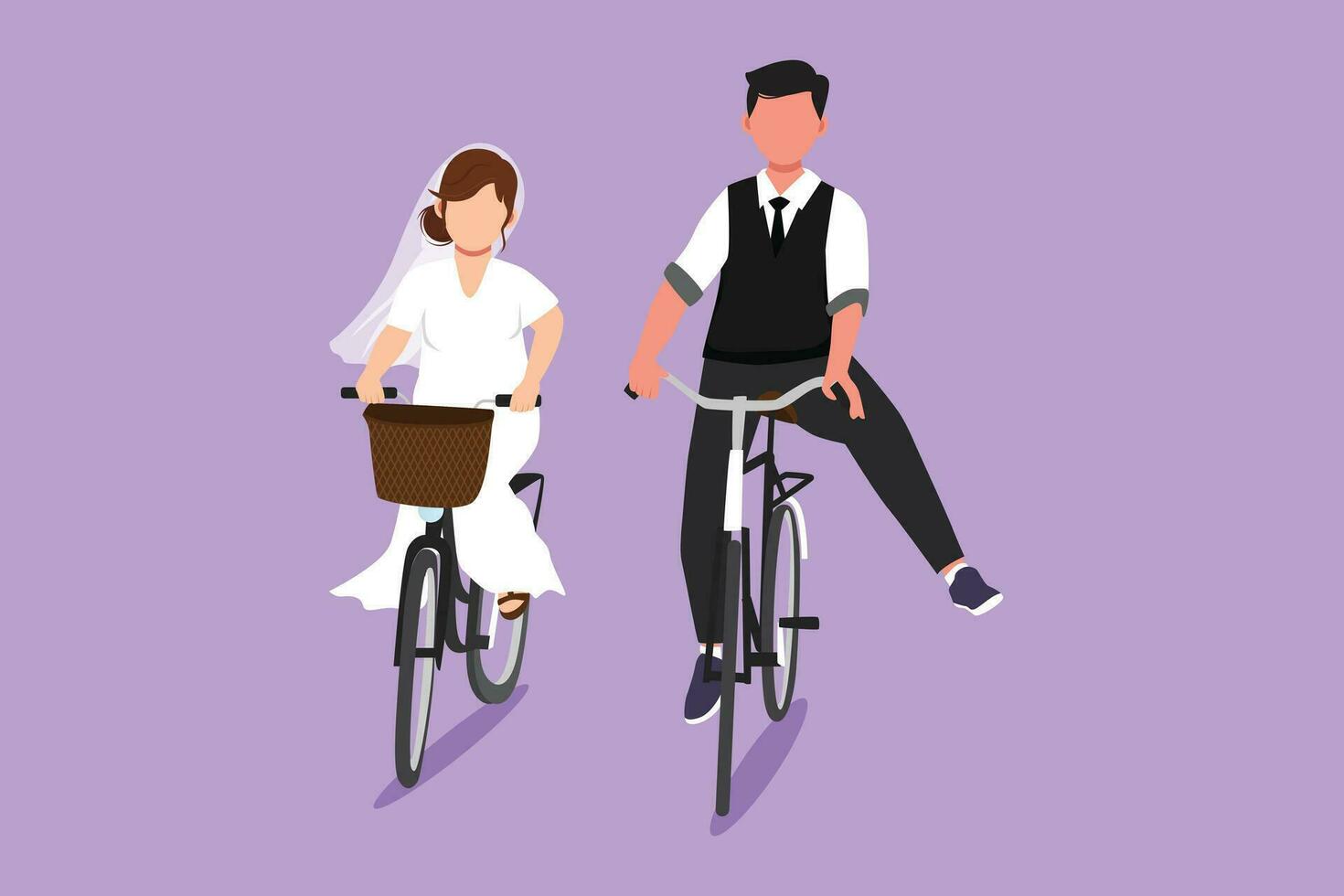 Character flat drawing married couple riding on bicycle. Romantic teenage couple ride bike with wedding dress. Man and woman in love. Happy married couple on bike. Cartoon design vector illustration